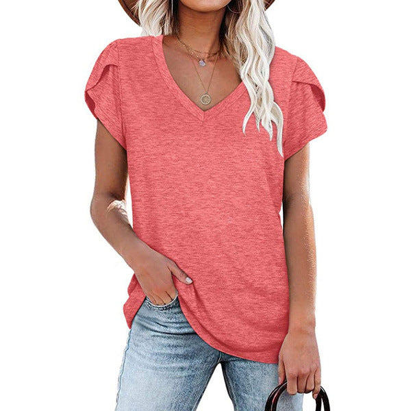 Women's Solid Color V-neck Sleeve T-shirt Blouses