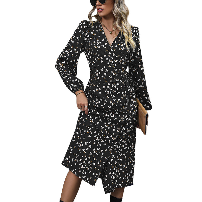 Women's Autumn Fashion Wear Printed Black Dress Dresses