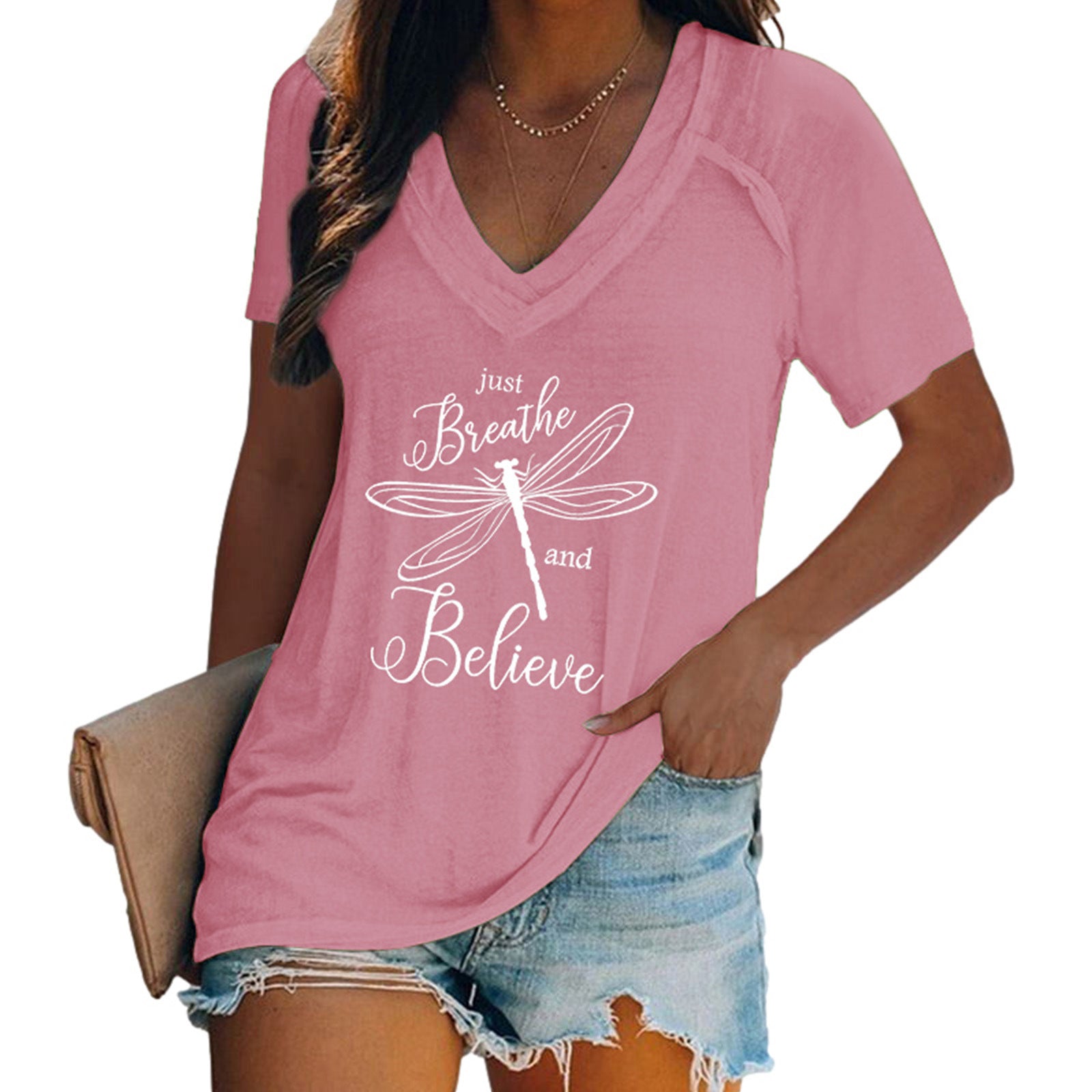 Women's Summer V-neck Short-sleeved Letter Dragonfly Printed Blouses