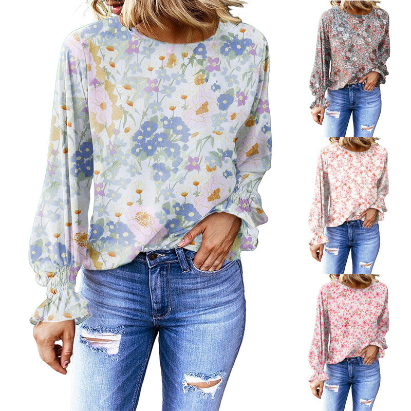 Women's Autumn Floral Round Neck Bishop Sleeves Blouses