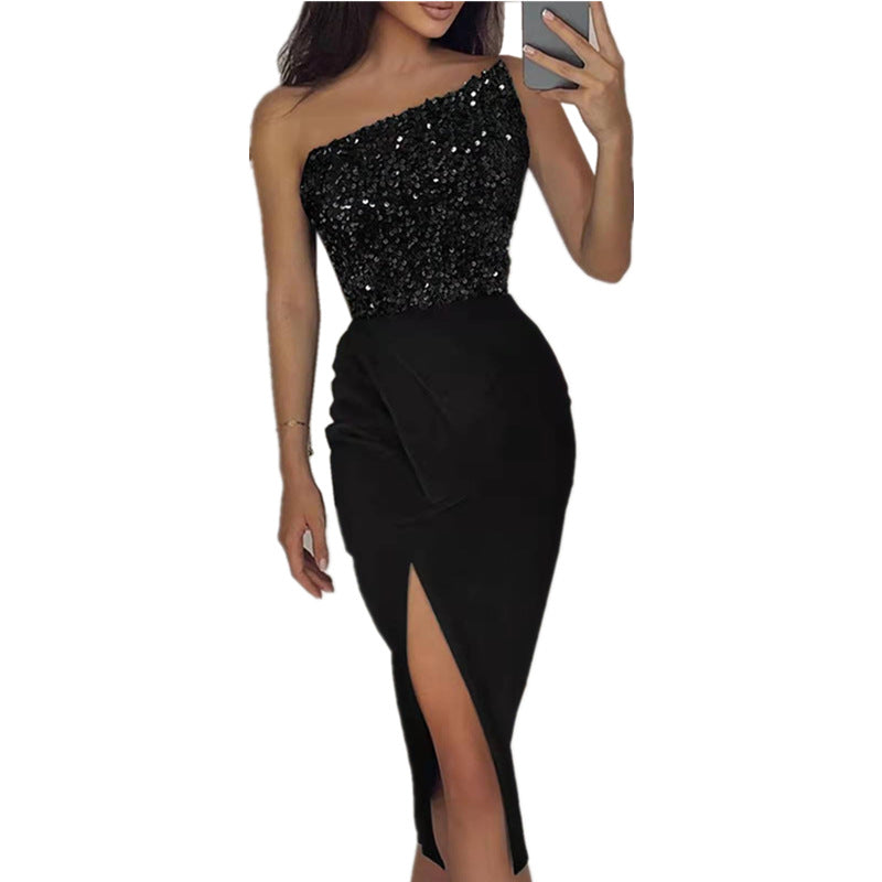 Women's Solid Color Sexy Sequin Long Temperament Shoulder Dresses