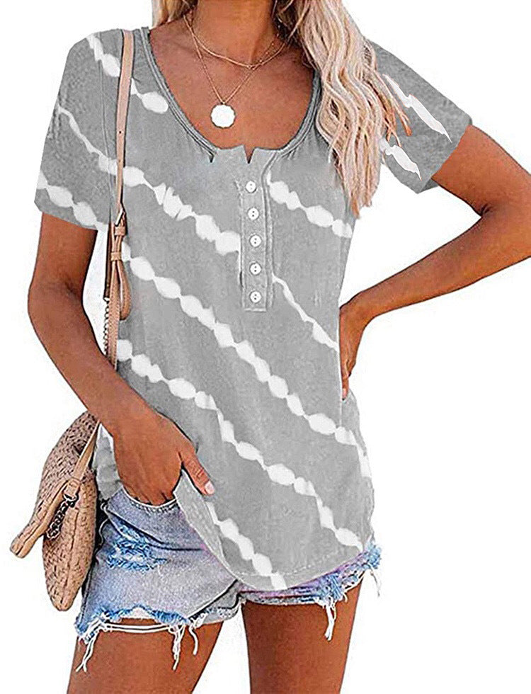 Women's Fashion Trend Neck Casual Stripe Button Sleeve Blouses