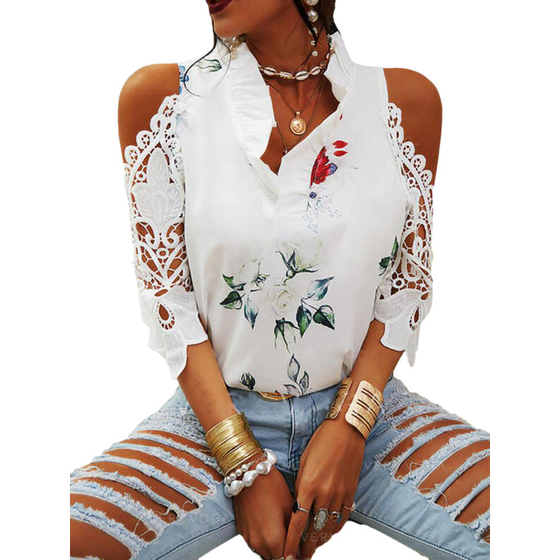 Women's Summer Flower Print Off-shoulder Lace Stitching Long Blouses