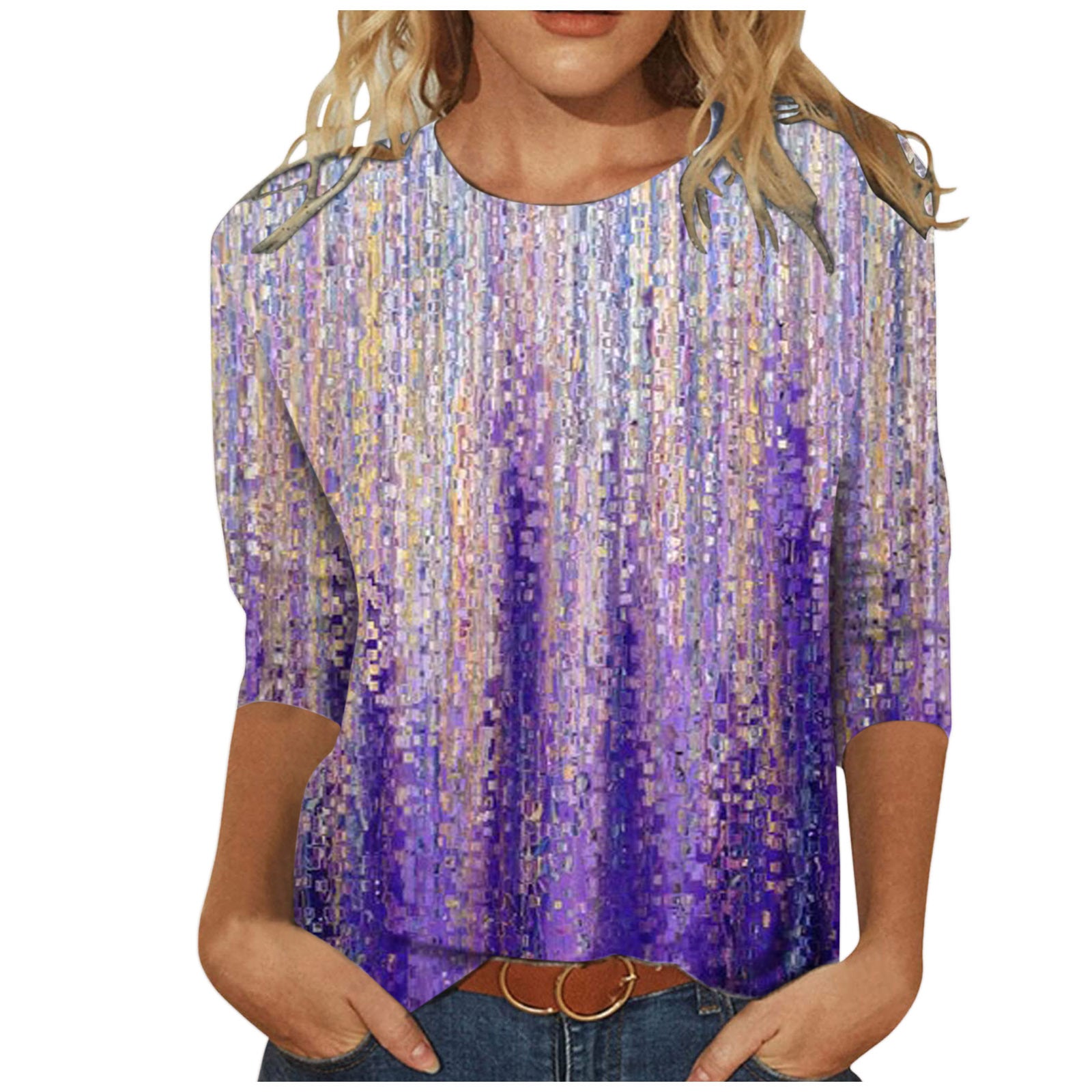 Women's Round Neck Long Sleeve Loose Print Tops