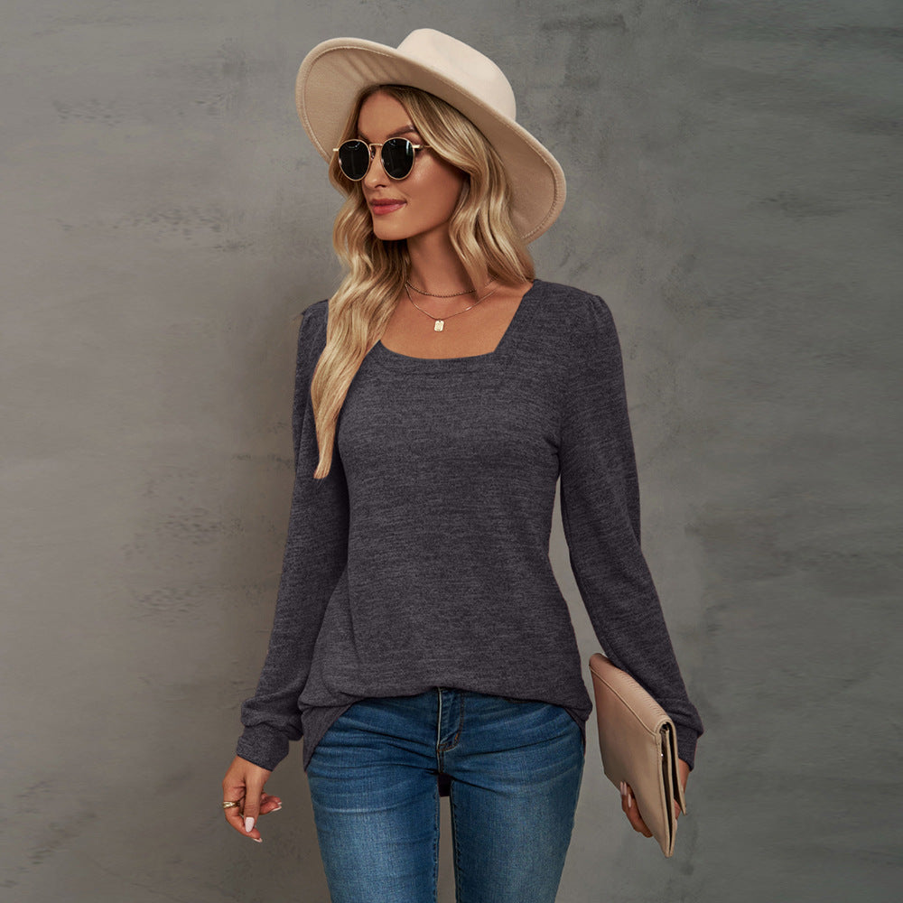 Color U-neck Pleated Long Sleeve Casual Blouses