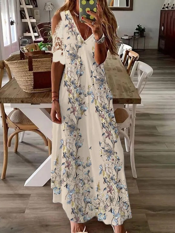 Damen-Sommer-Blumendruck, langes Bohemian-Kleid mit Kleidern