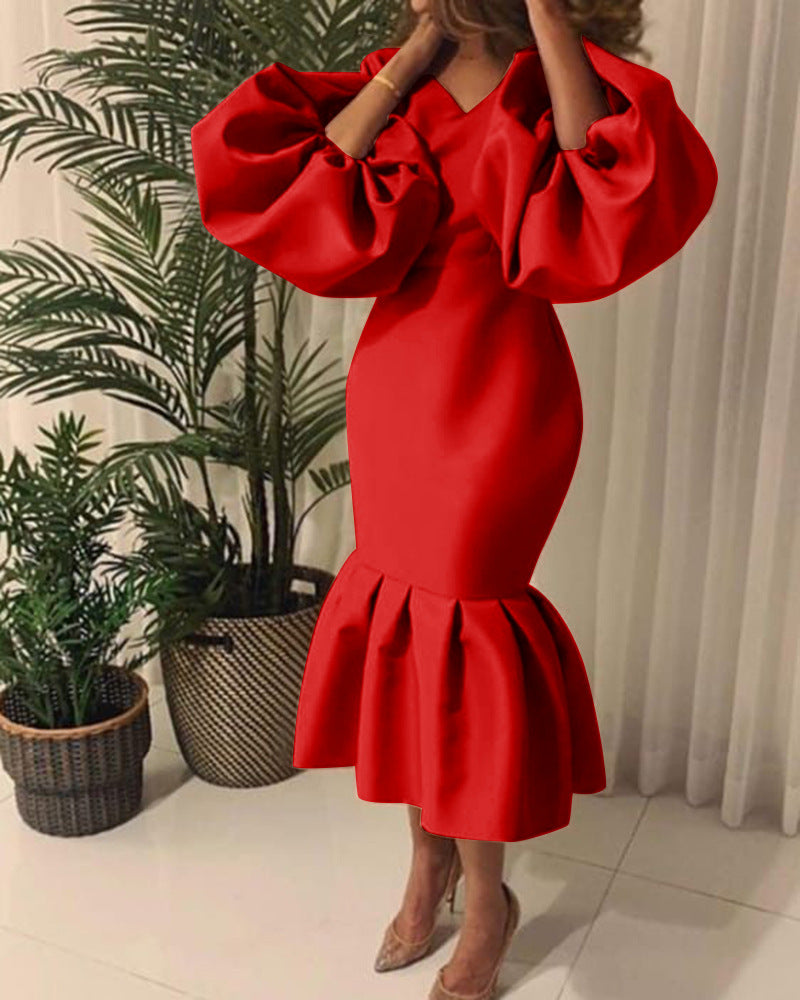 Women's Fashion Solid Color V-neck Bubble Long Dresses