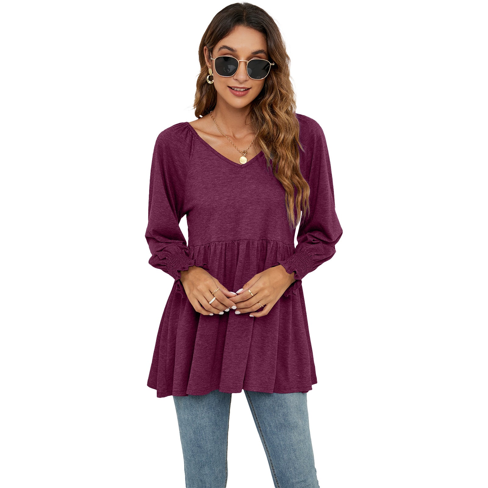 Women's V-neck Bubble Long Sleeve Waist T-shirt Tops