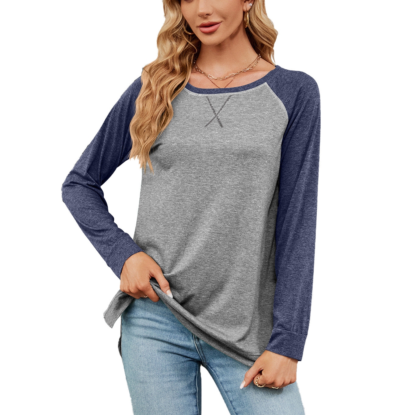 Women's Round Neck Contrast Color Loose Long-sleeved Blouses