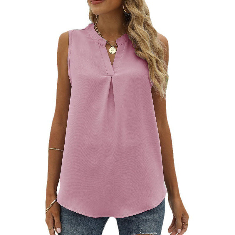 Women's Solid Color Chiffon Shirt Loose V-neck Vests