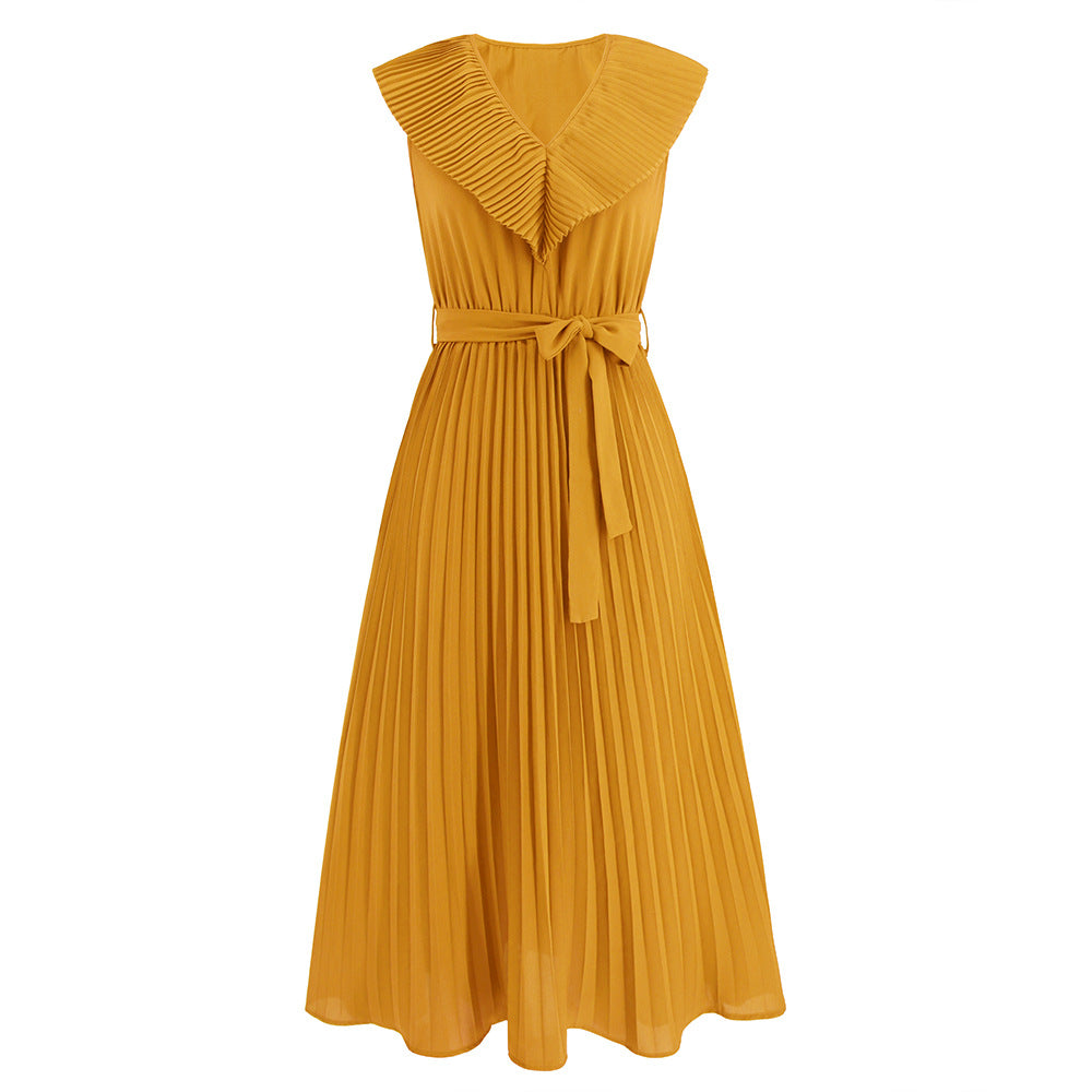 Women's Pleated French Slim Fit Solid Color Dresses