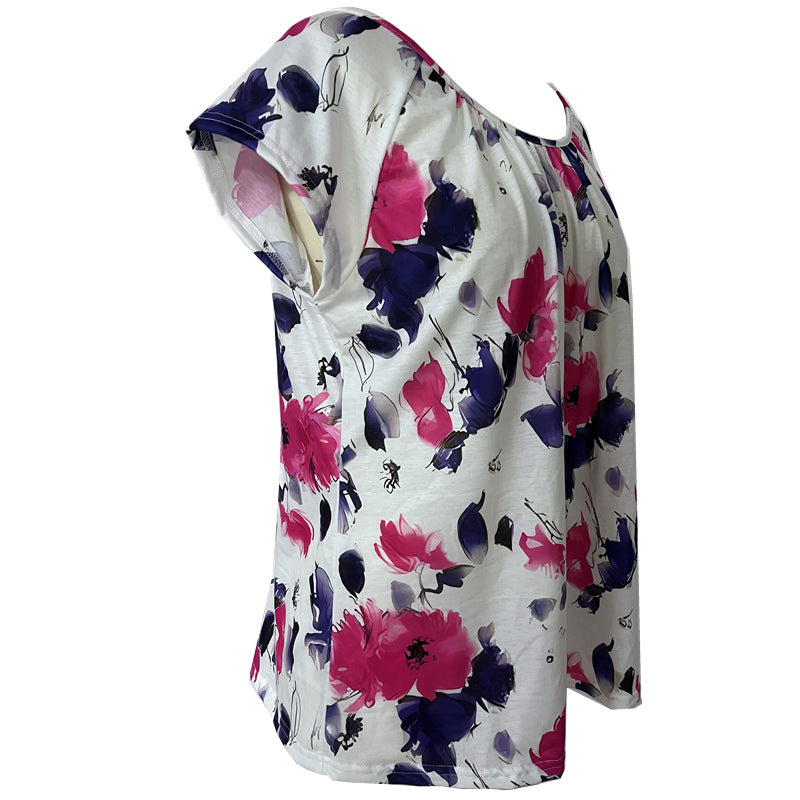 Floral Pleated Print Sleeve Round Neck Blouses