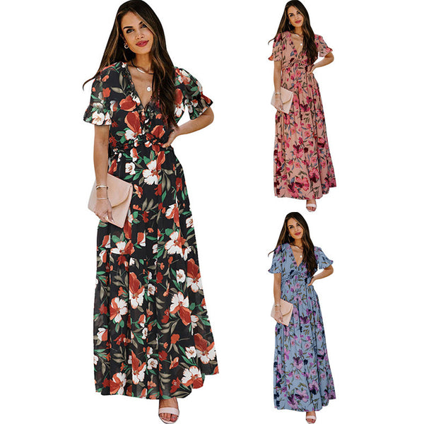 Women's Printed Short-sleeved Summer V-neck Waist-controlled Slimming Loose Dresses