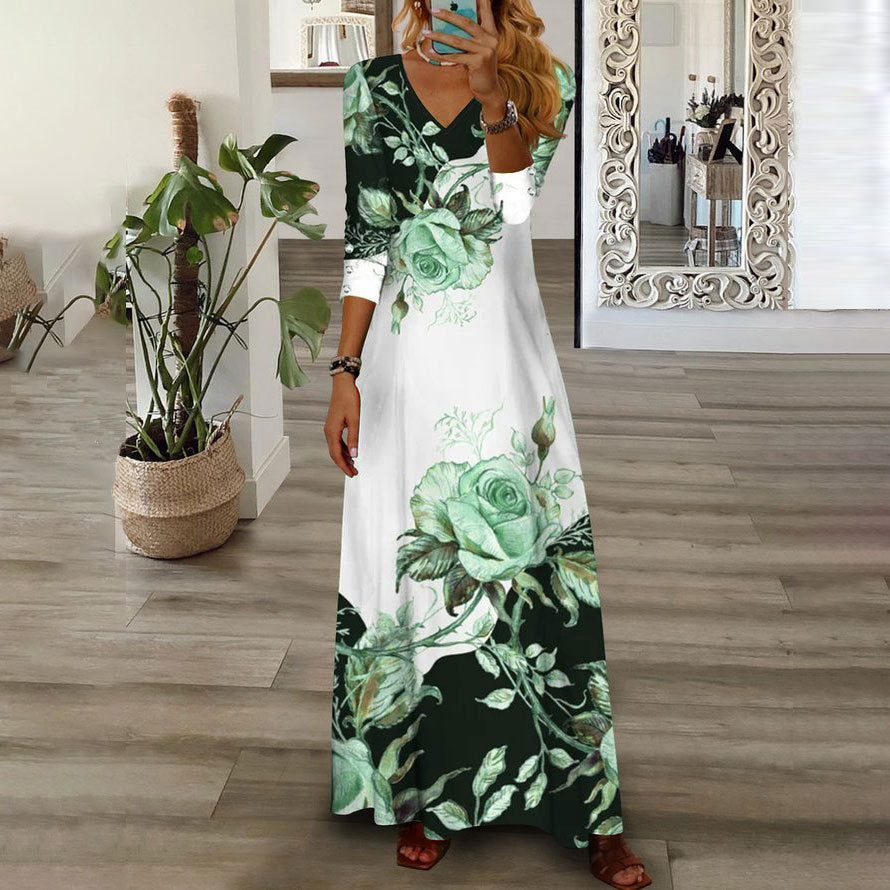 Women's Positioning Printed V-neck Button Mid-length Long Dresses