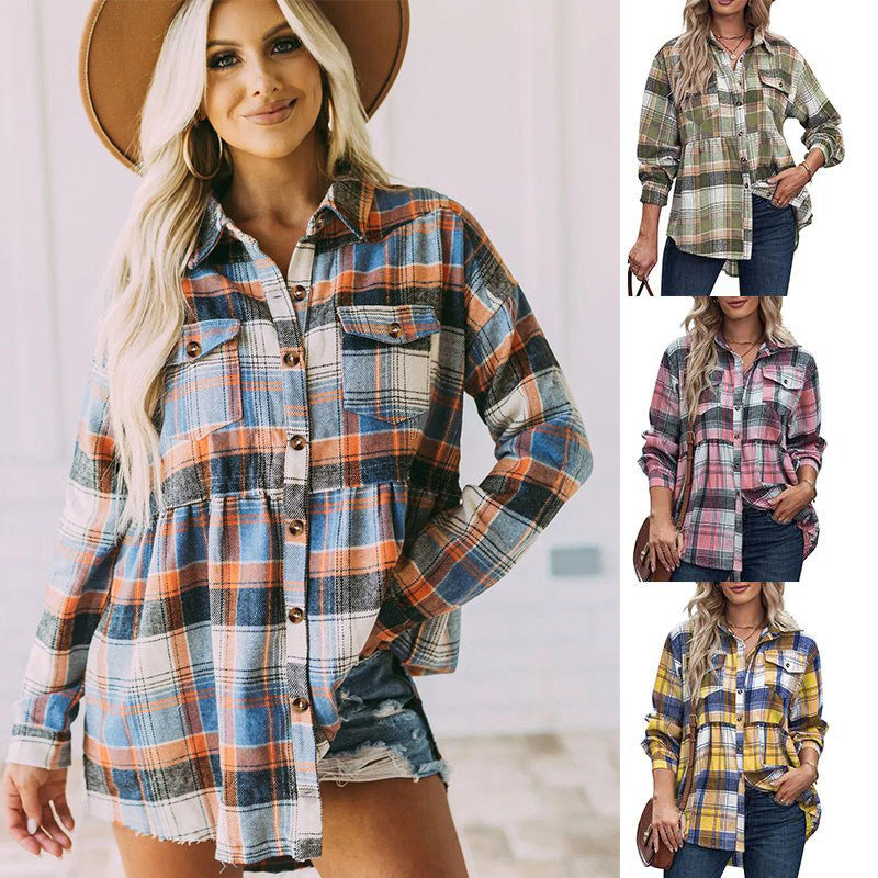 Women's Lapel Long Sleeve Pocket Casual Plaid Blouses