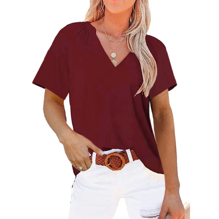 Women's Summer V-neck Solid Color Sleeve Blouses