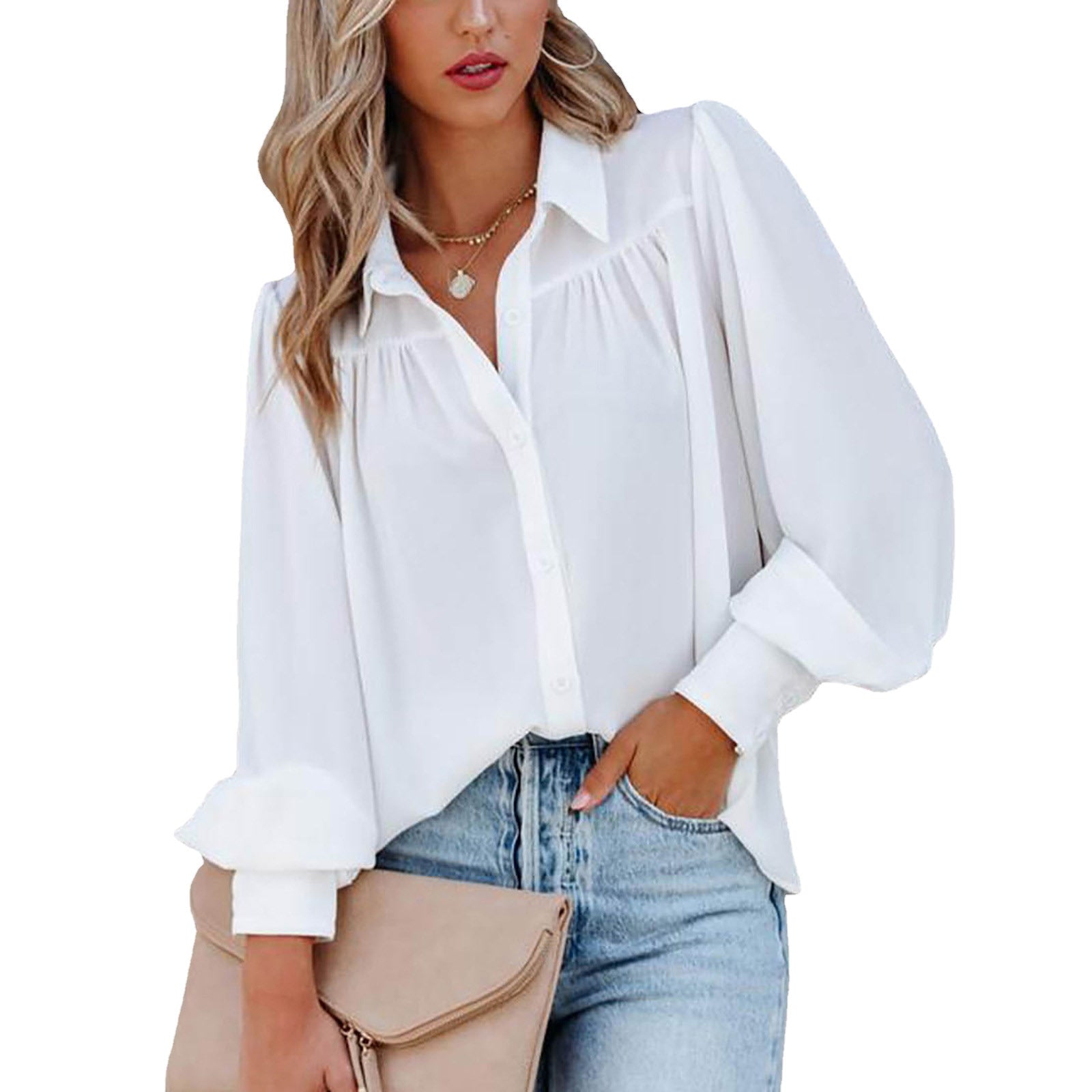 Women's Button Lantern Sleeve Pleated Solid Color Collar Loose Shirt Blouses