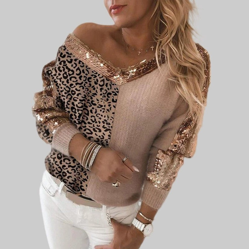 Women's Stitching Leopard Print Elegant Pullover Long Sweaters