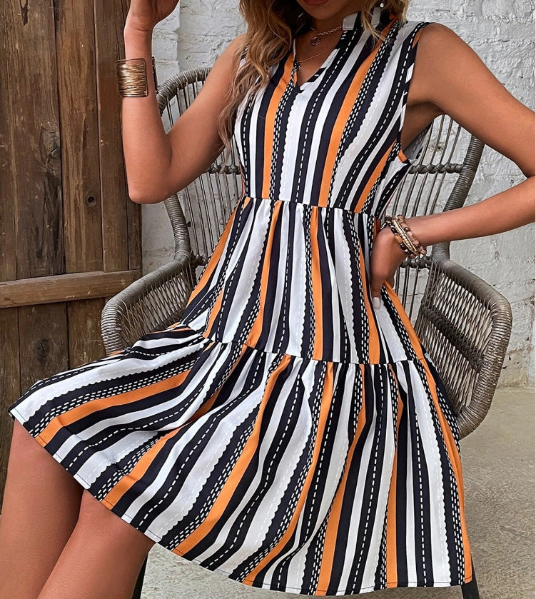 Graceful Printed Stand Collar Striped Sleeveless Dresses
