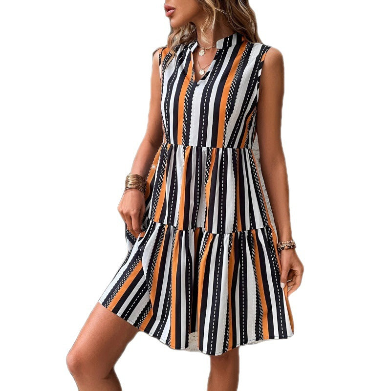 Graceful Printed Stand Collar Striped Sleeveless Dresses