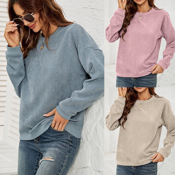 Women's Corduroy Casual Round Neck Pullover Long-sleeved Sweaters