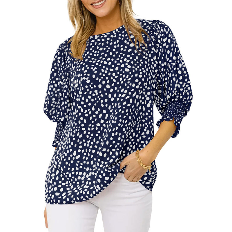 Women's Summer Loose Printed Sleeve Round Neck Blouses