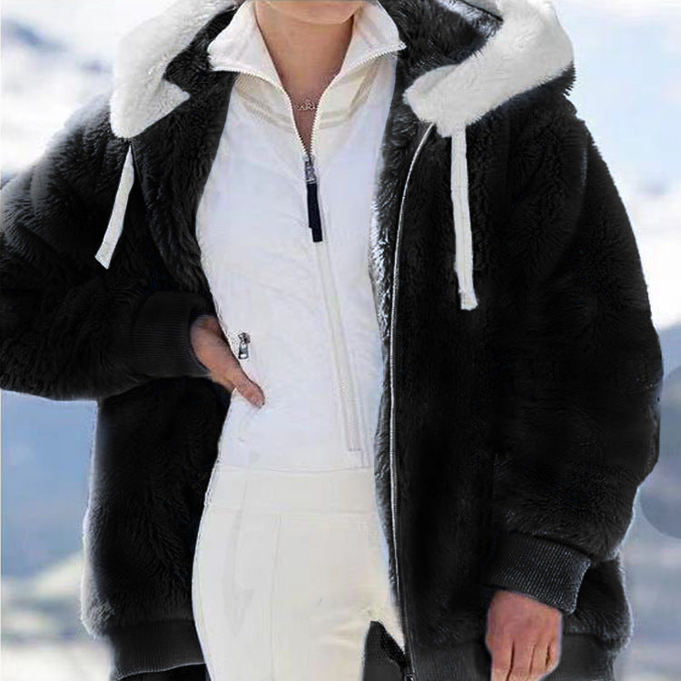 Creative Women's Loose Plush Zipper Hooded Coats