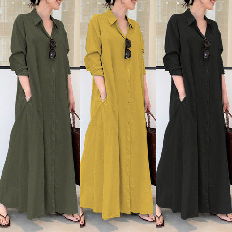 Women's Wear Solid Color Lapel Long Sleeve Pocket Simple Dresses