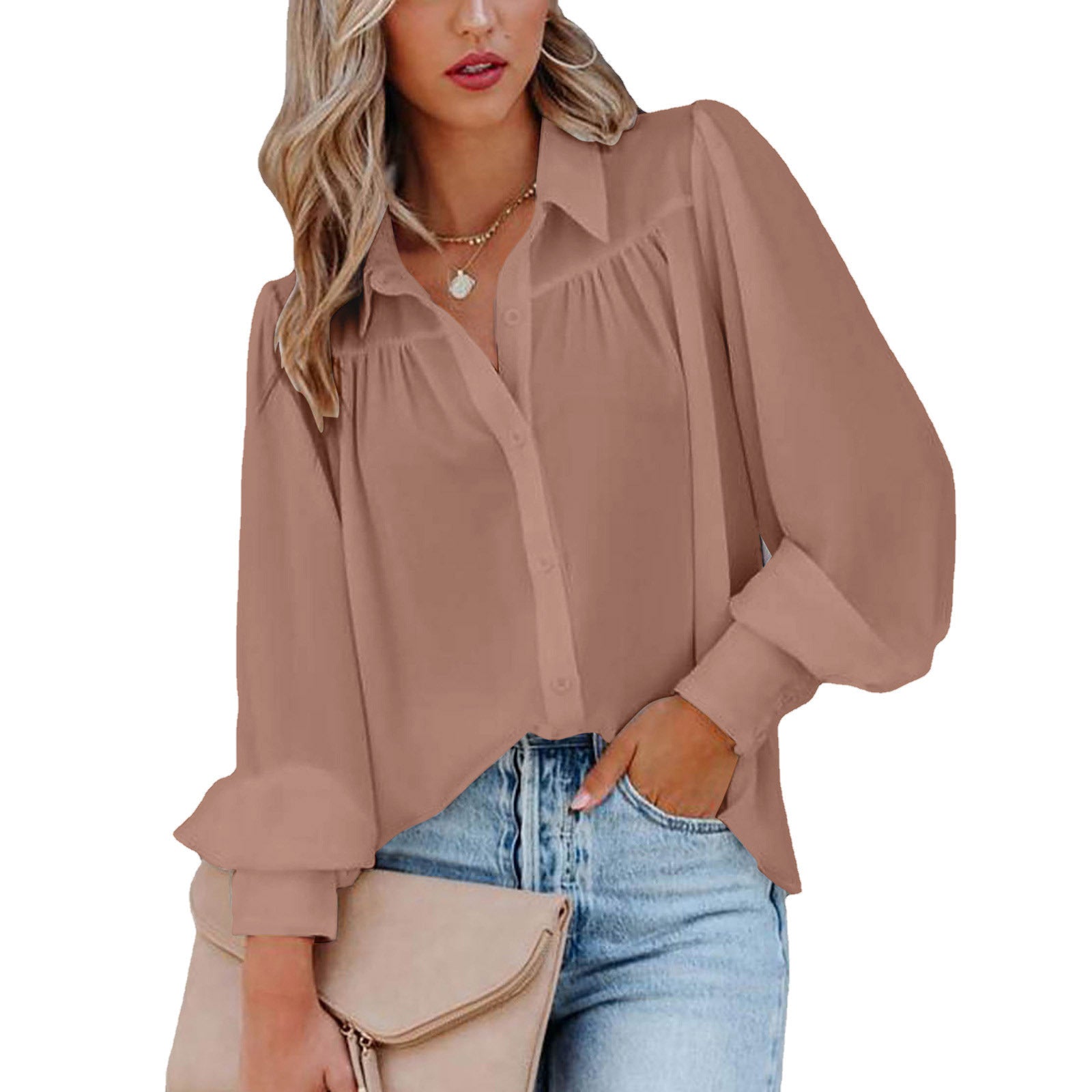 Women's Button Lantern Sleeve Pleated Solid Color Collar Loose Shirt Blouses