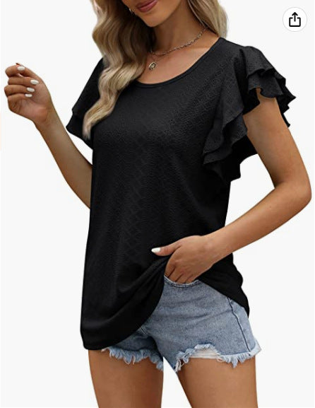 Women's Double-layer Ruffled Hollow-out Long Short-sleeved Blouses