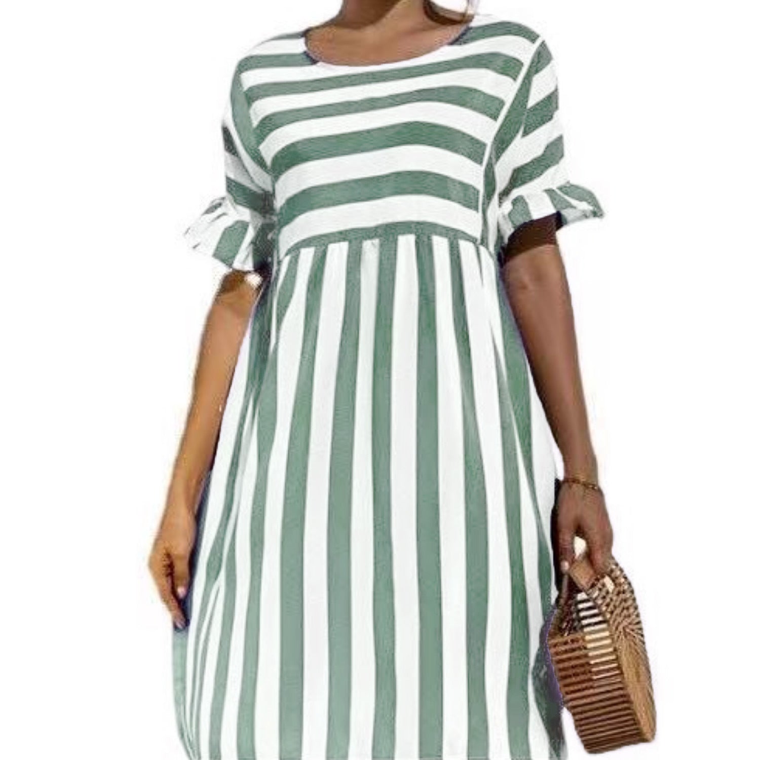 Women's Ruffled Sleeves Striped Patchwork Pocket Casual Dresses