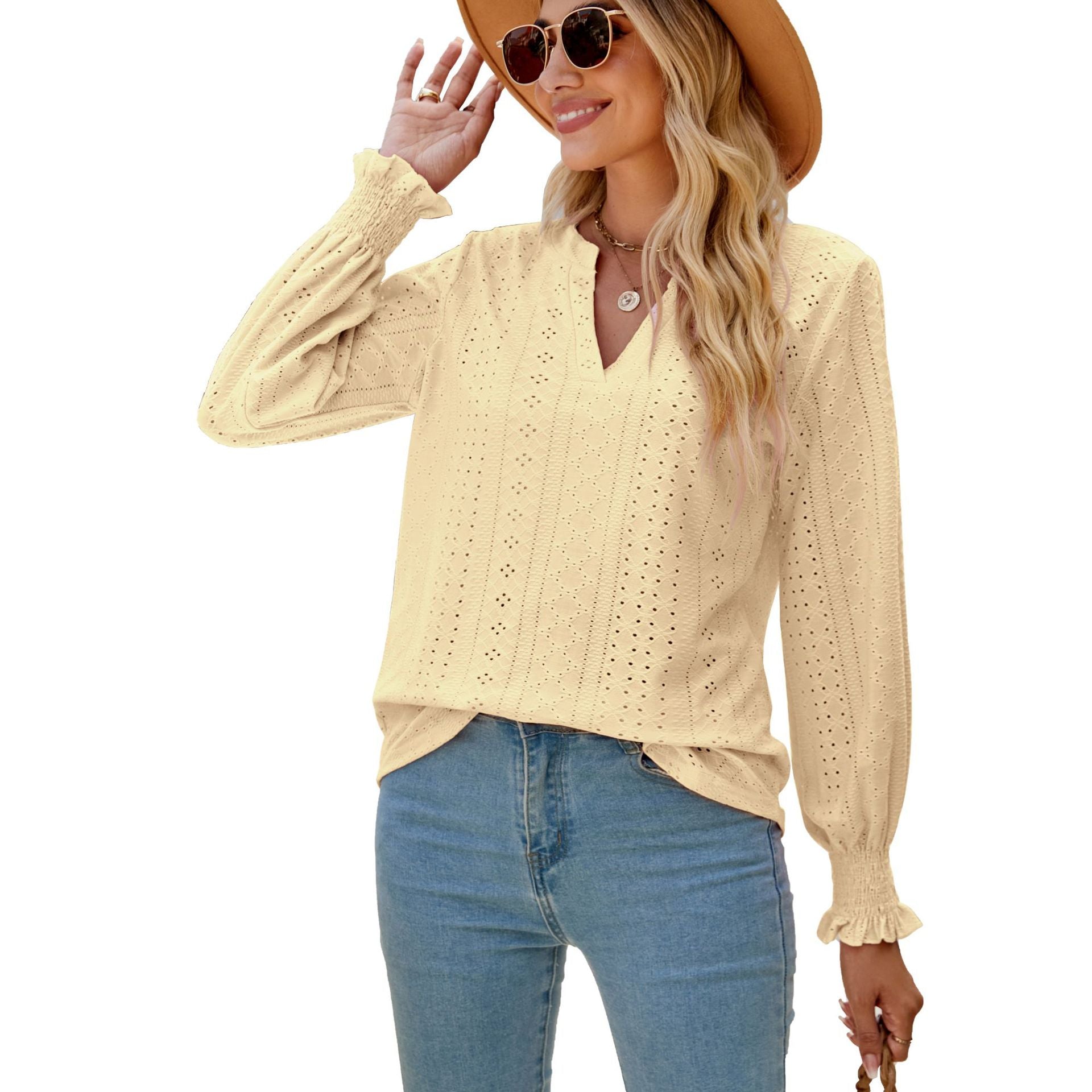 Color Hollow-out Pleated Ruffle Sleeve V-neck Loose Blouses