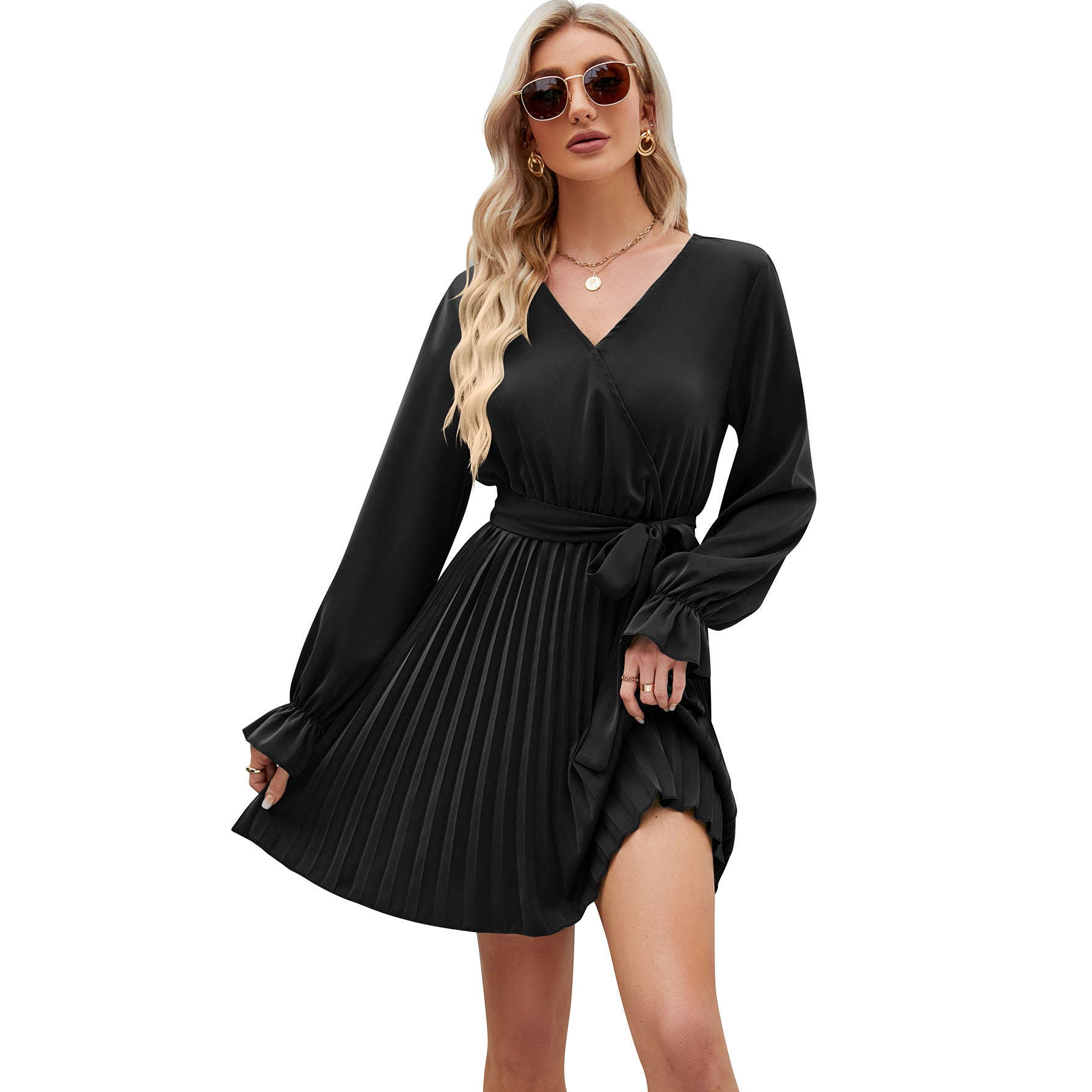Women's Tied V-neck Pleated Long Sleeve Gown Dresses