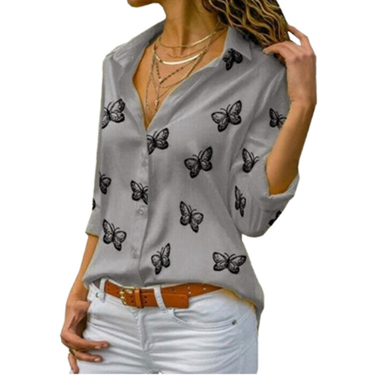 Women's Popular Butterfly Print Loose Lapels Shirt Blouses