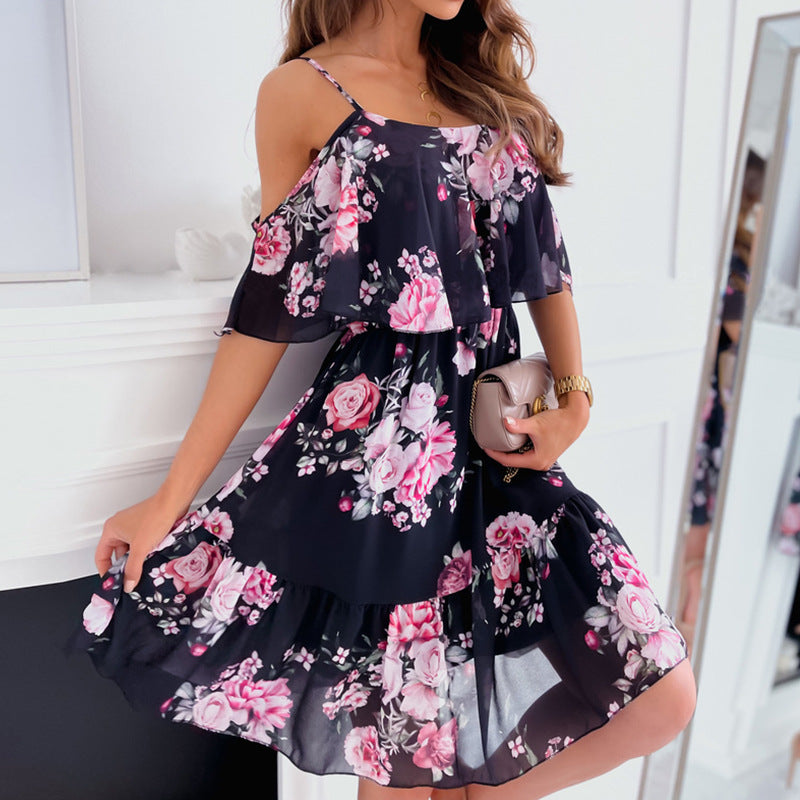 Chiffon Printed Off-the-shoulder Strap Sexy Dress Dresses