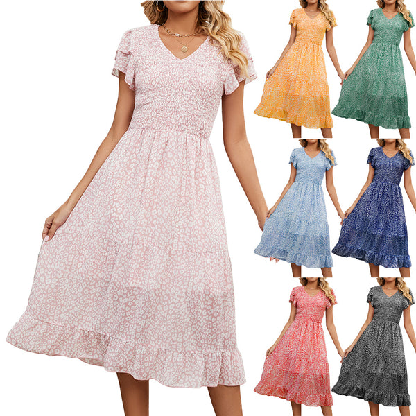 Women's Summer V-neck Pleated Printed Patchwork Waist-slimming Dresses