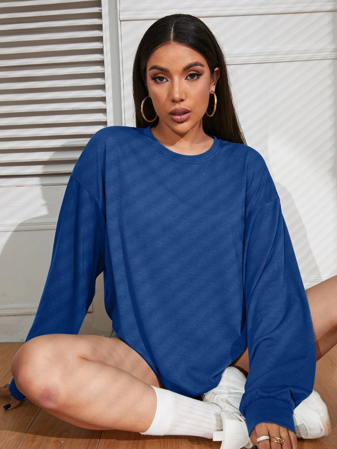 Slouchy Solid Round Neck T-shirt Leisure Blouses