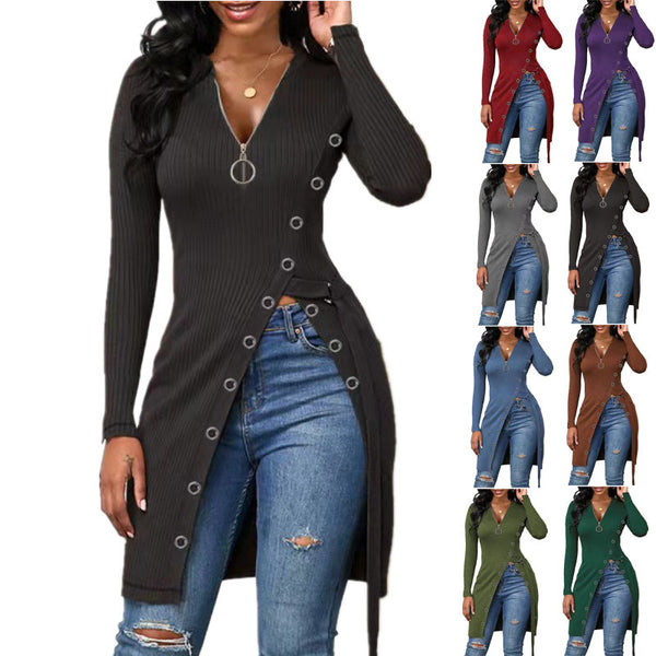 Women's V-neck Long Sleeve High Zipper T-shirt Blouses