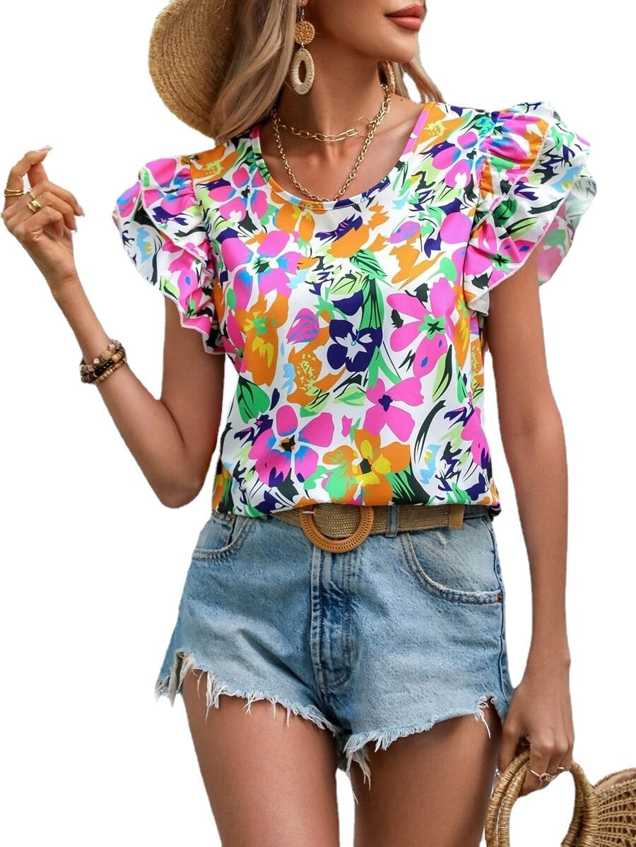 Women's Summer Floral Print Double-layer Flying Short-sleeved Blouses