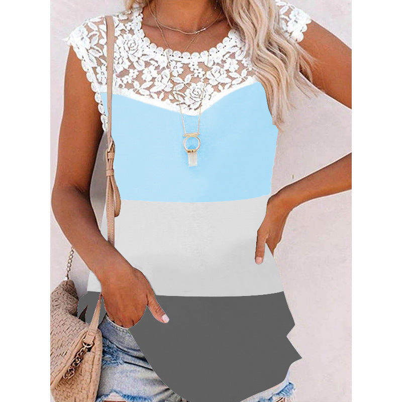 Women's Summer Printed Round Neck Lace Casual Loose Colored Vests