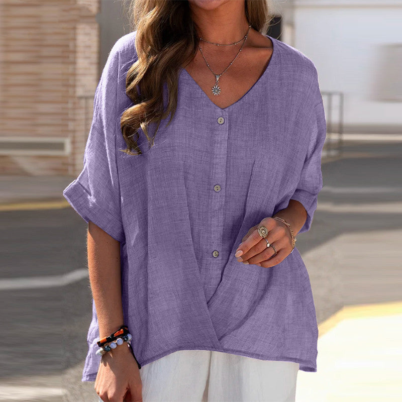 Women's Cotton Linen V-neck Pullover Sleeve Loose Tops