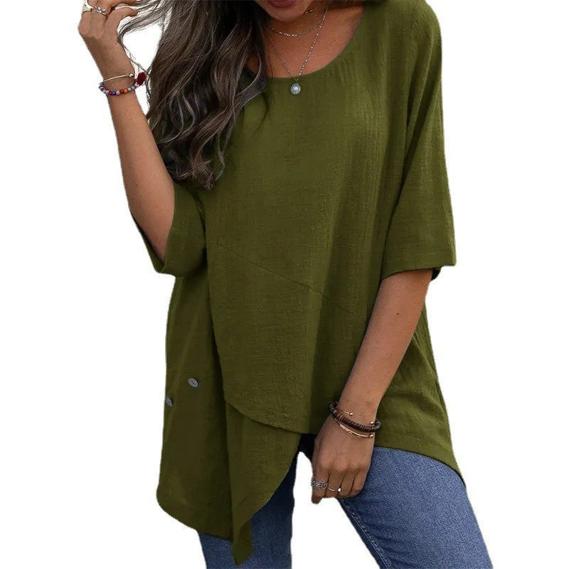 Women's Cotton Linen Irregular Shirt Half Sleeve Blouses