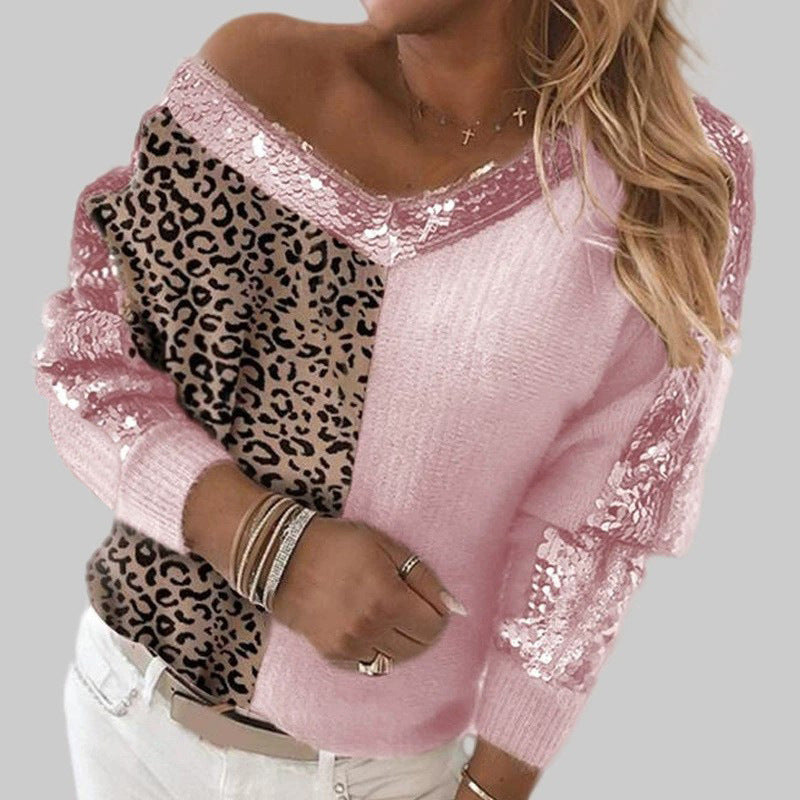 Women's Stitching Leopard Print Elegant Pullover Long Sweaters