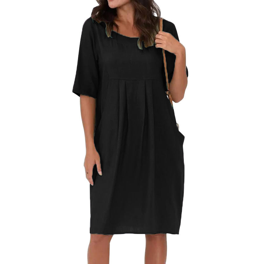 Women's Summer Linen Pleated Pocket Loose Round Dresses