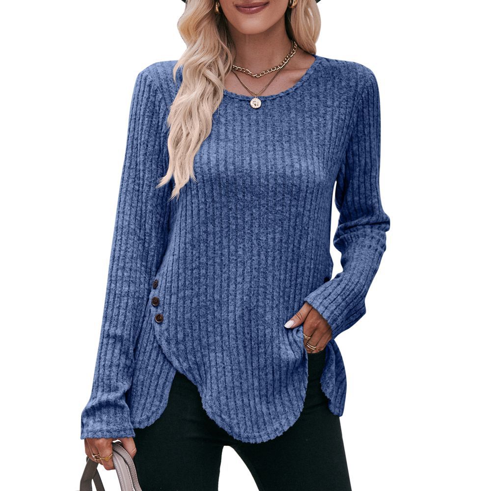 Women's Sunken Stripe Brushed Solid Color Long Sleeve Tops