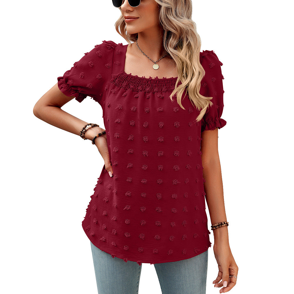 Women's Large Ball Short-sleeved Square Collar Pleated Blouses