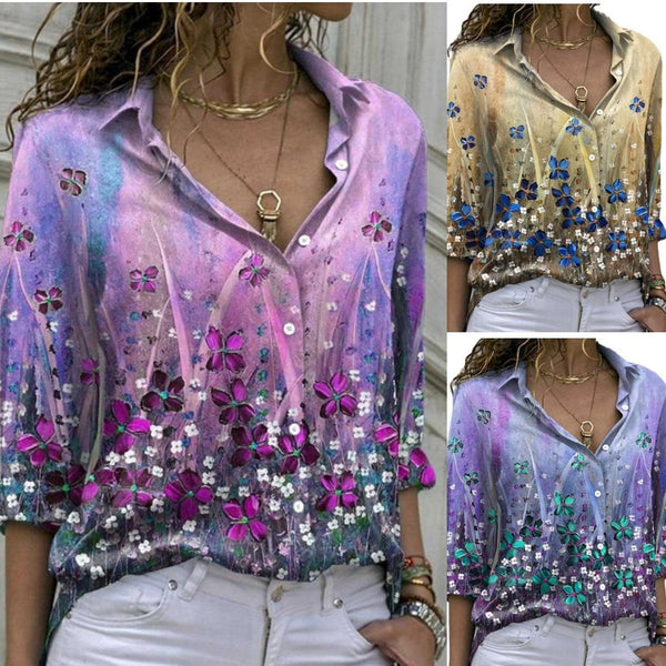 Blouses Chemise à Revers à Manches Longues Imprimé Fleuri