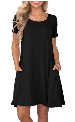 Women's Round Neck Solid Color Pocket Sleeve Dresses