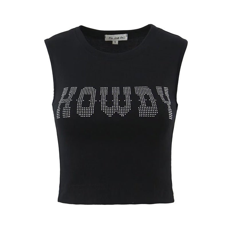 Women's Summer Cotton Black Rhinestone Back Hollow High Elastic Small Blouses