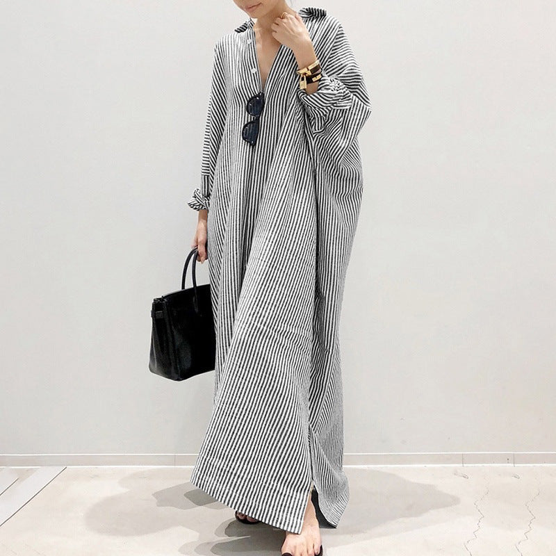 Women's Cotton Linen Stripes Shirtdress Long Sleeve Dresses